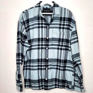 Hollister Mens Medium Flannel Shirt Cotton Oversized Fit Blue Black Long Sleeve